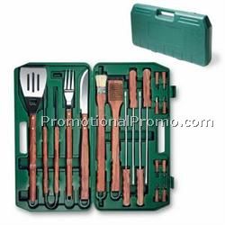 18 Piece Deluxe BBQ Utensil Set w/ Hanging Loops in Green Plastic Case
