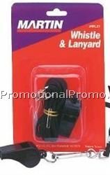 Small Black Plastic Whistle with Lanyard
