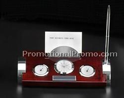 Rosewood & Metal Weather Station w/ Clock, Card Holder & Pen