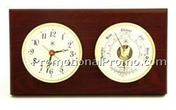 Brass Clock & Barometer on Mahogany Wood Base