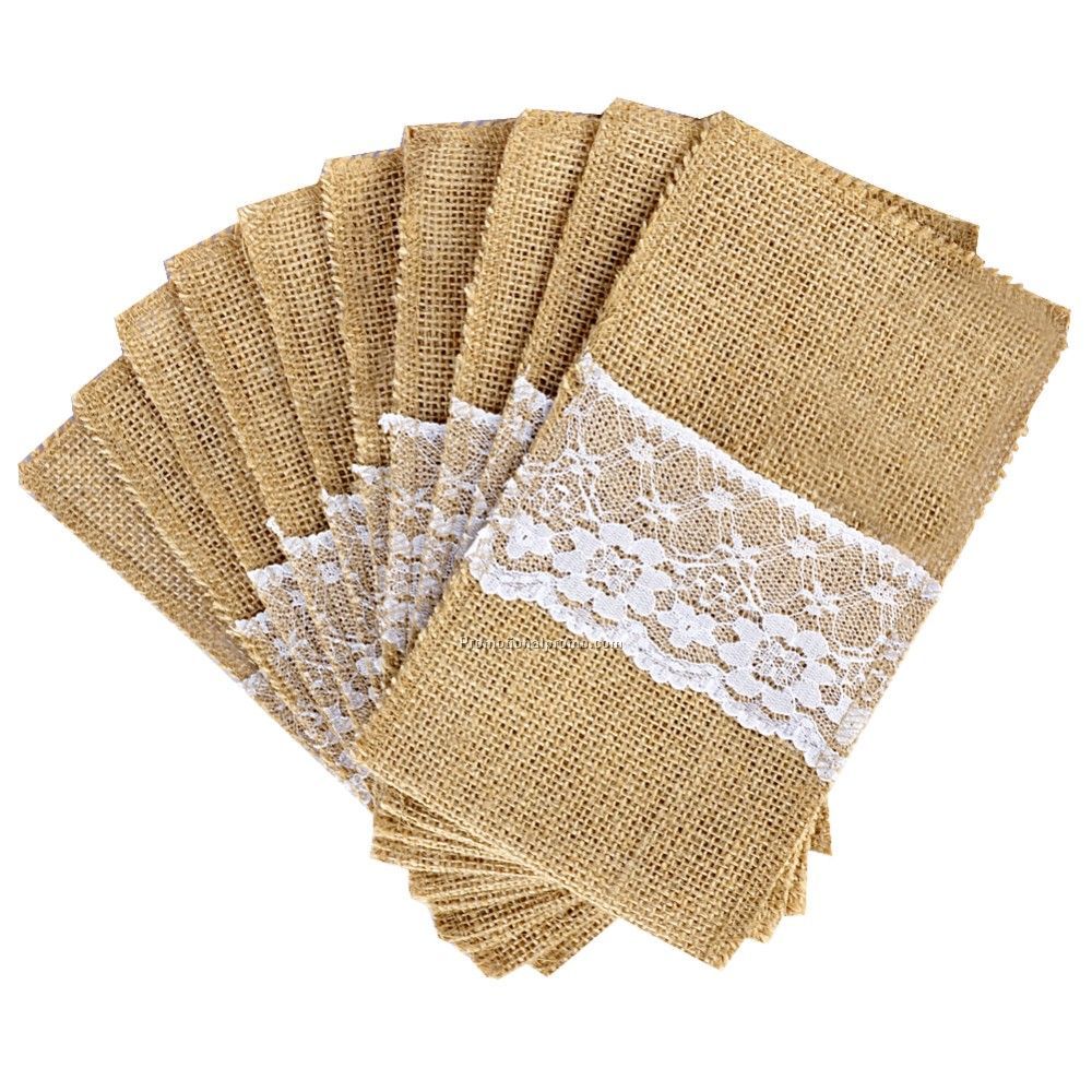 Burlap Cutlery Holder Vintage Shabby Chic Jute Lace Tableware Pouch Packaging Fork & Knife Pocket Photo 3