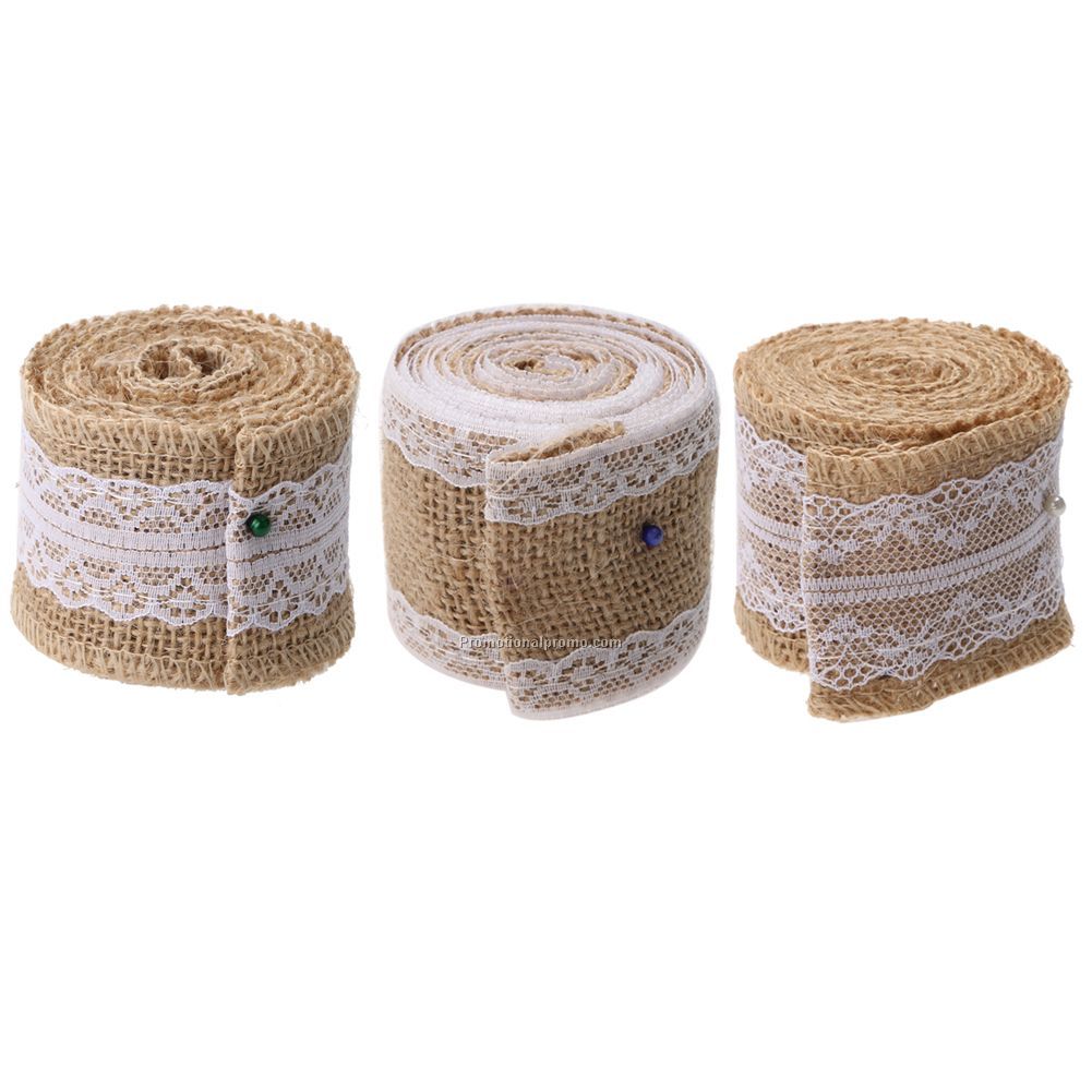 2M Natura Jute Burlap Hessian Ribbon with Lace Trims Tape Roll Vintage Rustic Wedding Decoration Mariage Wedding Cake Topper Photo 2