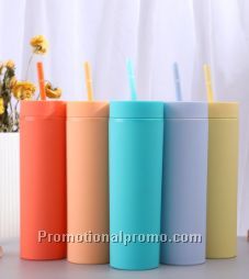 Plastic Skinny Double-layer Plastic Frosted 16OZ Straight Body Cup with Straw Photo 2