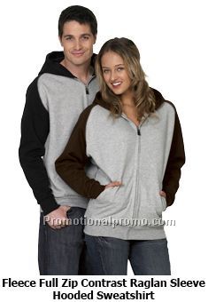 Fleece Full Zip Contrast Raglan Sleeve Hooded Sweatshirt