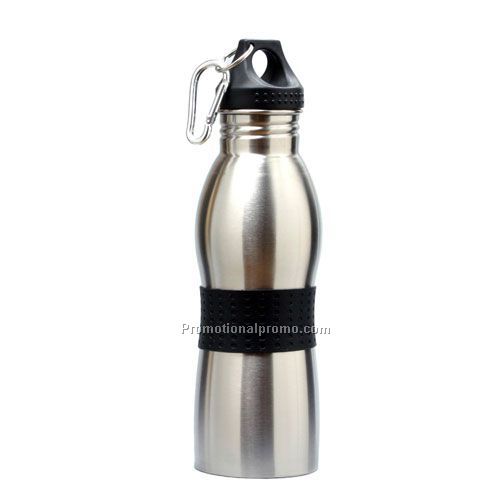 Stainless Steel Water Bottle w/Carabiner Black Lid and Band 20oz