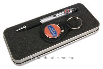 PEN & LEATHER KEY FOB SET*, domed full color insert, tin box