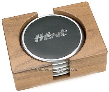 Set Of 4 Coasters In An Oak Wood Finish Stand