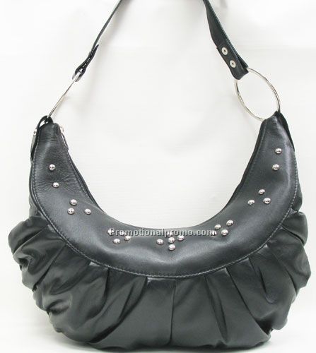 Hobo Softy Bag with top zipper & shoulder strap / Rivets / Lambskin Napa / Black