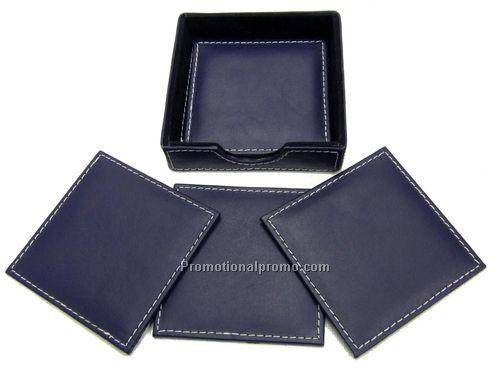 Set 4 Square Coasters Open Box / 3.75 inches SQUARE / Cowhide Napa / Navy Blue
