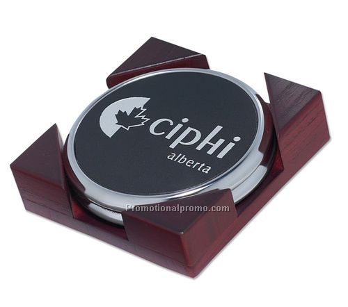 Set Of Two Coasters In A Rosewood Finished Stand