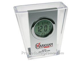 TRANSPARENT ACRYLIC PEN HOLDER WITH CLOCK / CALENDAR & THERMOMETER