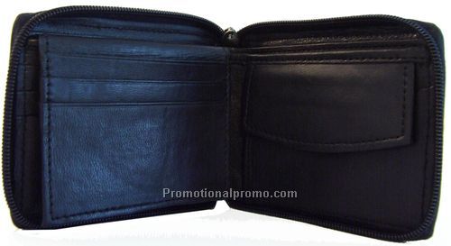 Zipperered Men's Wallet / Flip Up I.D. / Change Purse / Lambskin Napa / Black