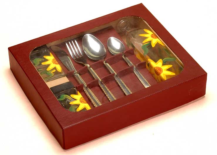 hand painted cruet set with flatware in display tray
  
   
     
    
