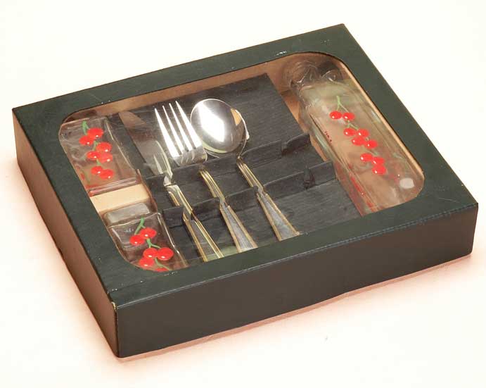hand painted cruet set with flatware in display tray 
  
   
     
    