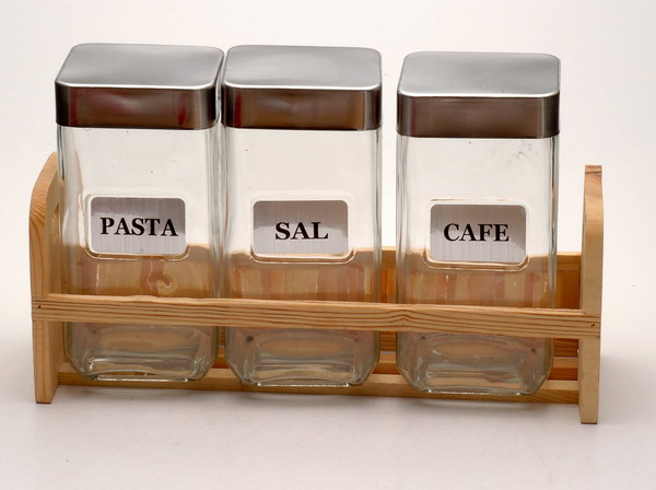 storage jar set with metal lid in wood stand
  
   
     
    