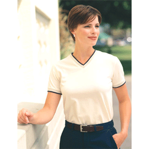 Custom Printed t-shirts - Port Authority Ladies V-Neck Tee with Stripe Trim