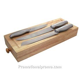 3 PIECE CARVING KNIFE SET WITH RUBBER WOOD BOARD