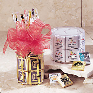 Chocolate squares in a clear tub