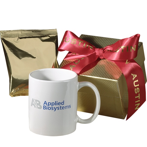 Gift boxed ceramic mug with hot coffee