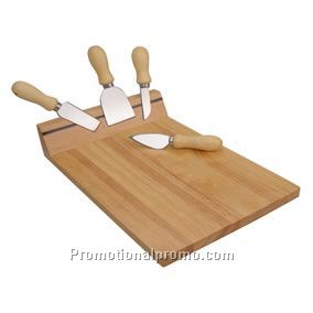 5 PIECE CHEESE KNIFE &RUBBER WOOD BOARD SET