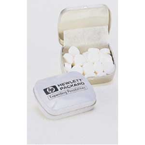 Plastic tin filled with white mints