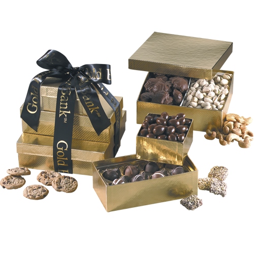 Stacked gift boxes of any gourmet fills with  custom ribbon