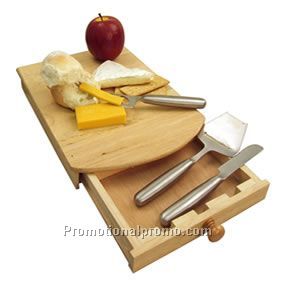 4 PIECE CHEESE KNIFE SET AND RUBBER WOOD BOARD