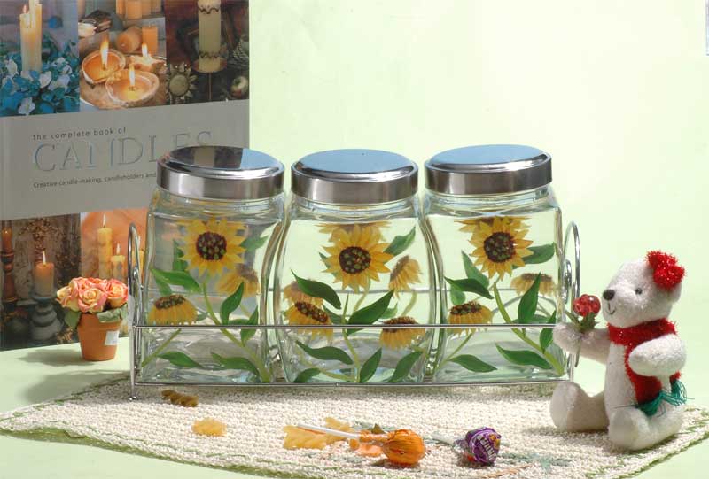hand painted storage jar set with metal stand
  
   
     
    