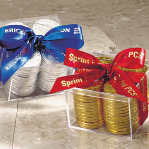 COINS IN ACRYLIC BOX WITH CUSTOMIZED RIBBON