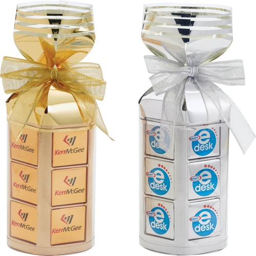 Chocolate squares in a striped gift bag