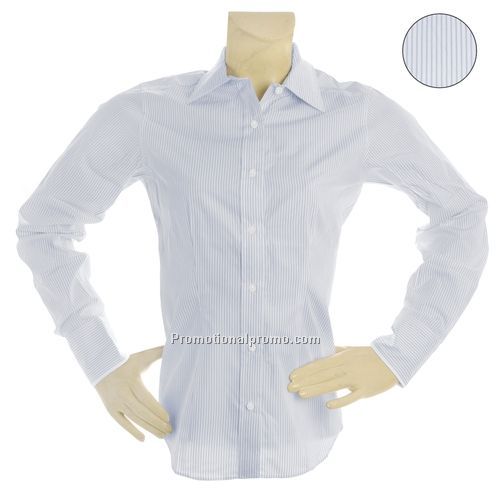 Dress Shirt - Devon & Jones Blue Ladies Savile Patterned Blouse, White English Stripe, Pima Cotton
