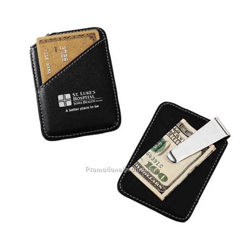 Money Clip - Faux leather and chrome plated combo money clip and card case