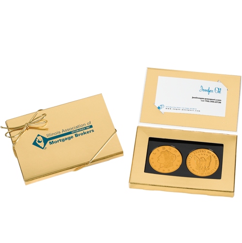 Two stock design chocolate coins in a presentation box