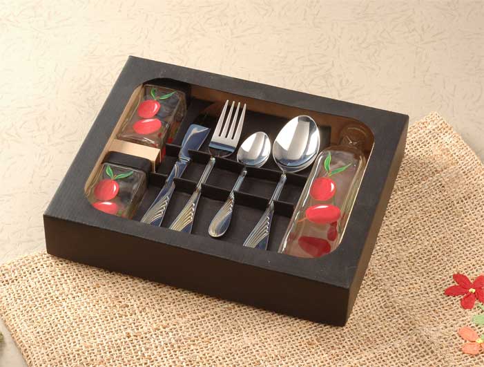 hand painted cruet set with flatware in display tray
  
   
     
    