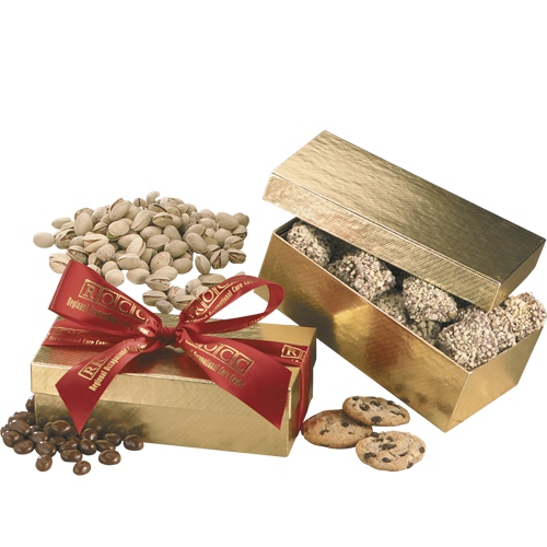 Filled gold gift box w/ customized ribbon - C Fills