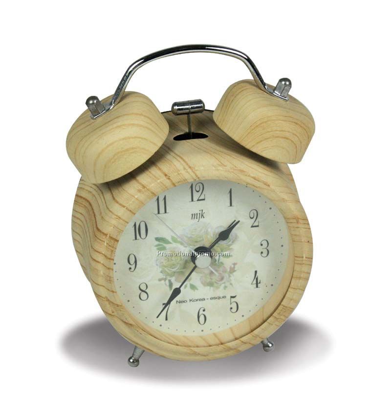 Table Metal Wood Grain Twin Bell Alarm Clock