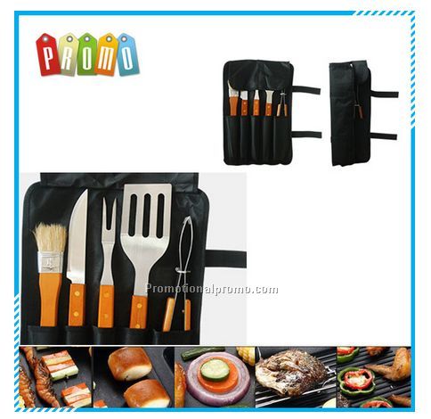 Outdoor portable 5pcs wooden handle bbq tool set, BBQ barbecue grill tool set