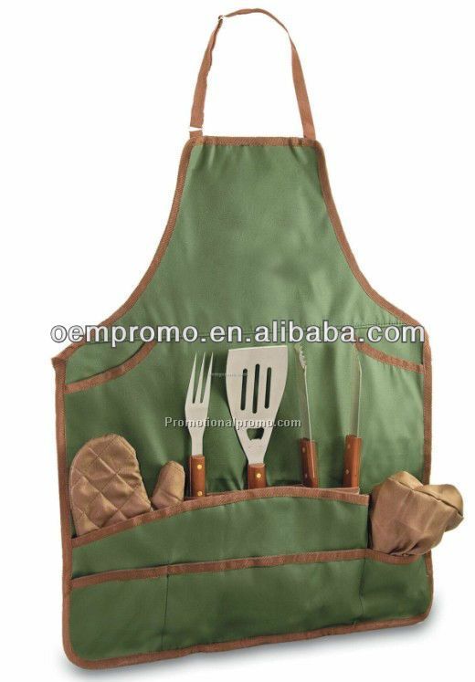 BBQ Apron Tote & Chef Hat With 3 Piece Stainless Steel BBQ Tool Set