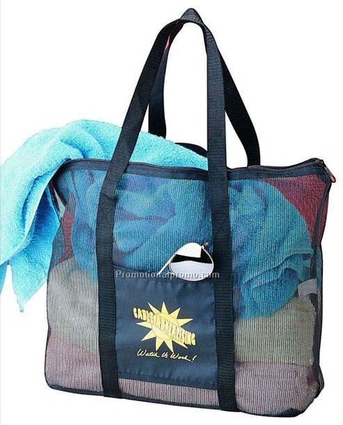 Mesh beach bag with web handles and zipper top