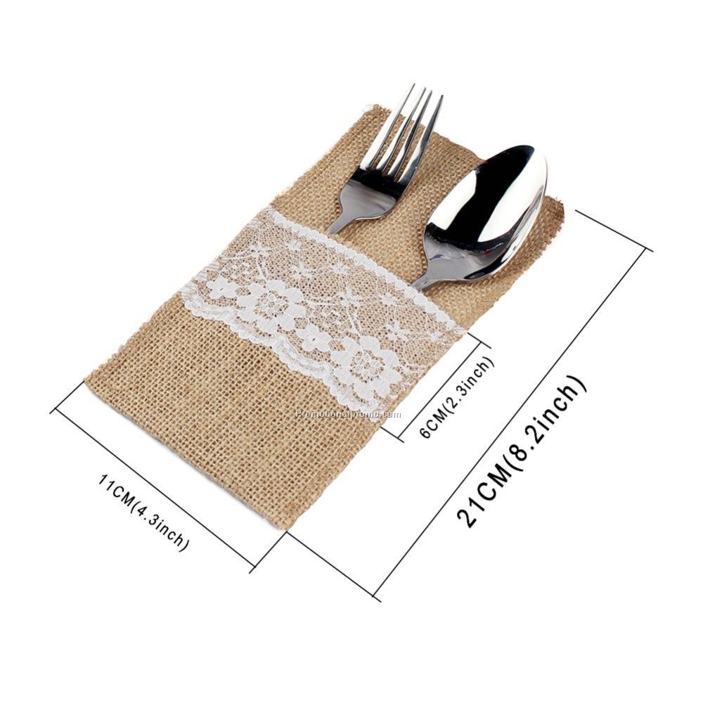Burlap Cutlery Holder Vintage Shabby Chic Jute Lace Tableware Pouch Packaging Fork & Knife Pocket