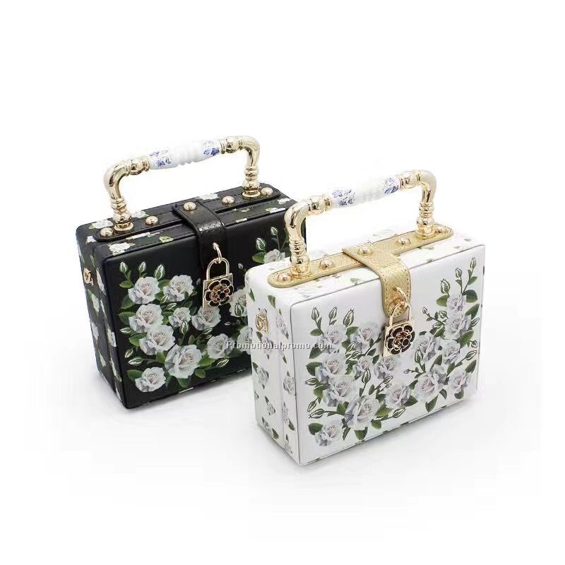 New retro box bag Lock shoulder bag ceramic handle women's mini handbag