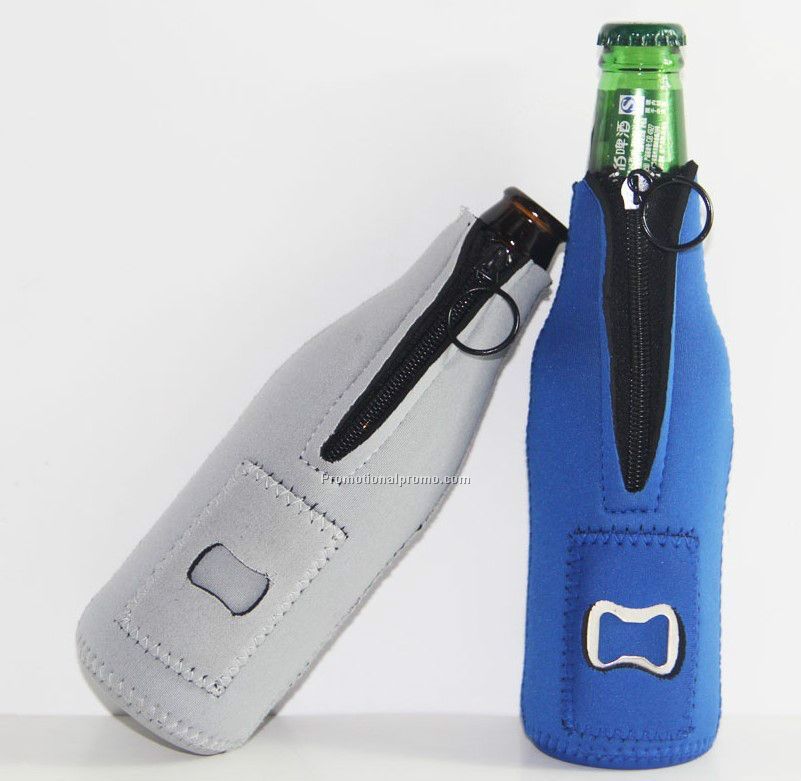 Neoprene can holder with a built in bottle opener