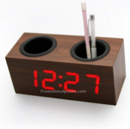 Multi-function Pen Container Wooden LED Desk Clock