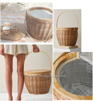 Woven Round Wicker Customized Wholesale insulated picnic basket with wood lid