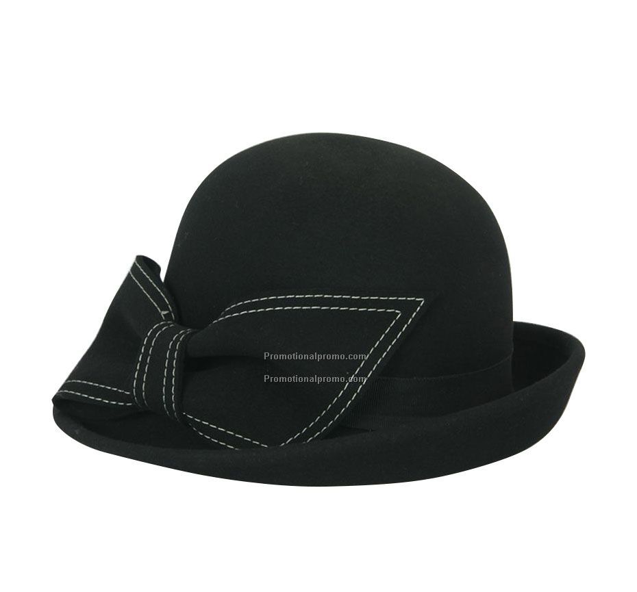 Lady black winter wool hat with bow