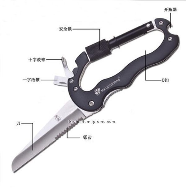 Multi Function Bottle Opener Carabiner With Sharp Knife Blade And Wood Saw