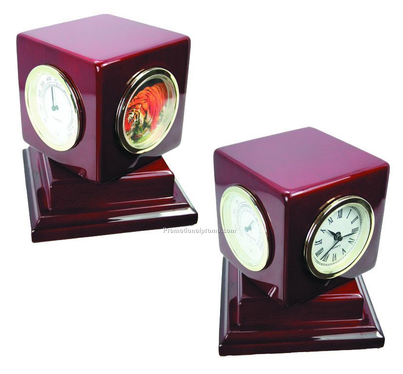 Wooden 4-way Revolving Clock W/clock & Fahrenheit & thermometer & Celsius scale