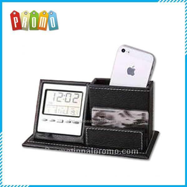 Desk organizer with alarm clock, mobile phone holder and business card holder.