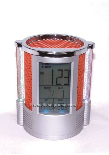 Promotional LED Colorful Pillar Calendar Clock Desktop Pen Holder