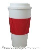 Plastic coffee cup with silicone lid and sleeve
